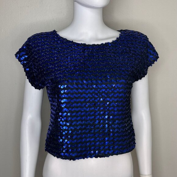 Vintage 1980s Blue Sequin Top, Rio Blouse Size S/M - Picture 1 of 6